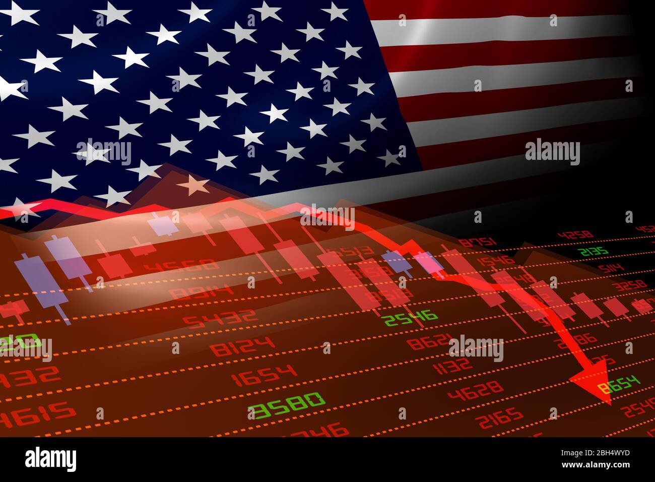 United States economic downturn with stock exchange market showing stock chart down and in red negative territory. Business and financial money market Stock Photo