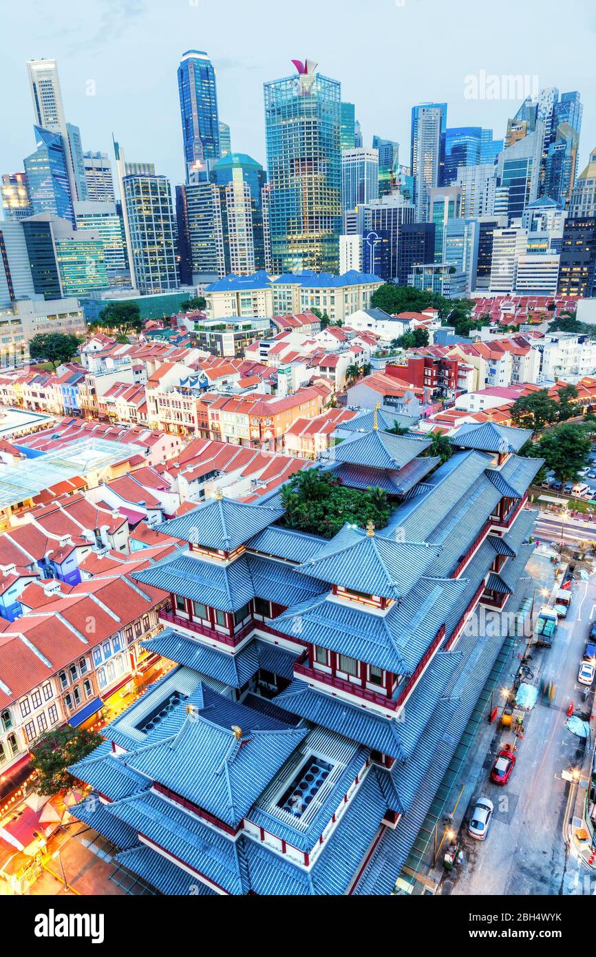 Aerial view of Singapore Chinatown during blue hour sunset hour with ...