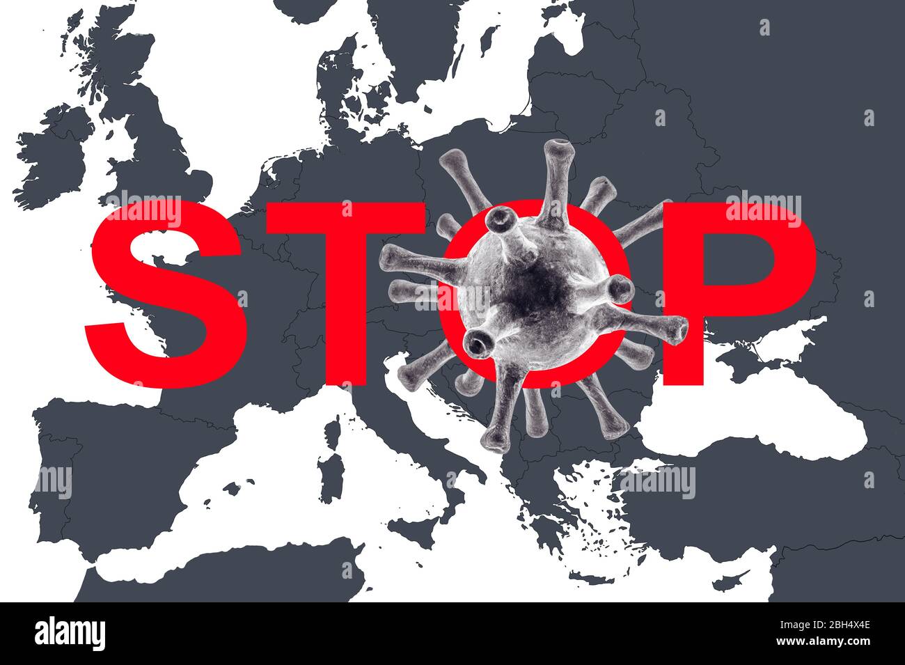 COVID-19 coronavirus in Europe, illustration with corona virus icon and inscription Stop on global map. World economy hits by coronavirus outbreak. Co Stock Photo