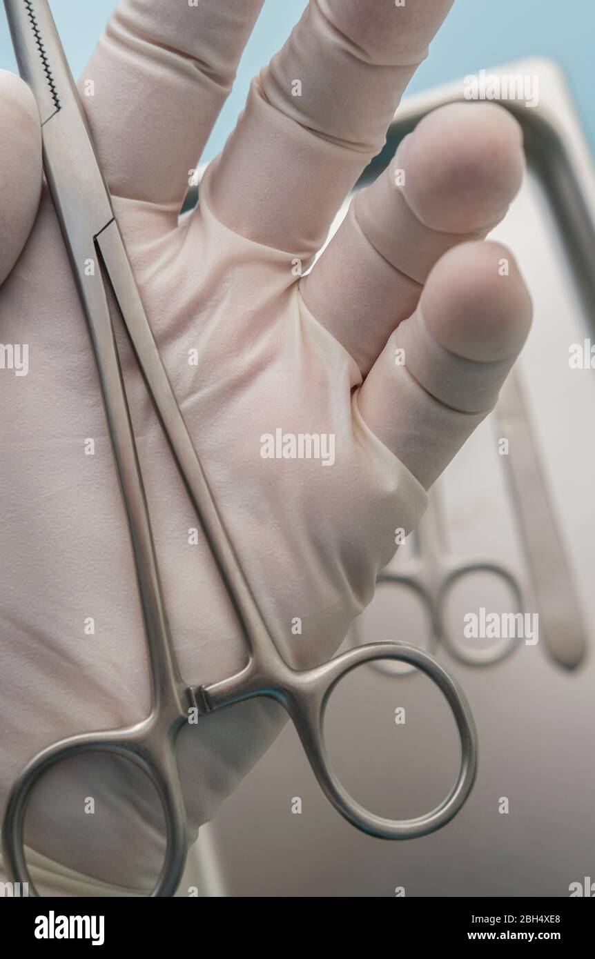 Person wearing latex glove holding forceps Stock Photo