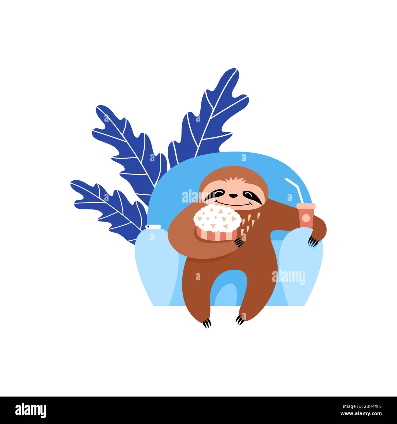 Sloth watchig movie. Cute cartoon animal with popcorn and lemonade in front  of the tv. Flat vector illustration Stock Vector Image & Art - Alamy