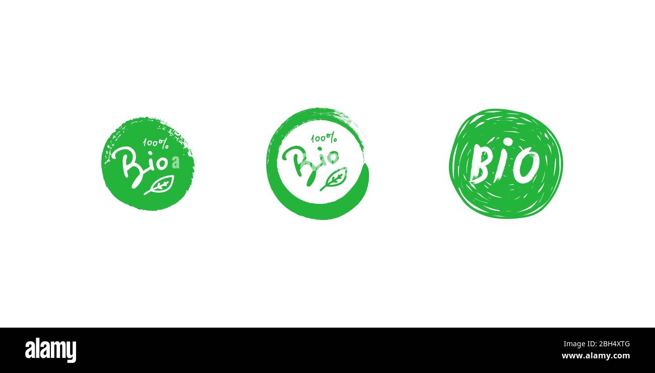 Set of bio 100 percent tree leaf handwritten green brush circle badge. Design element for packaging design and promotional material. Vector Stock Vector