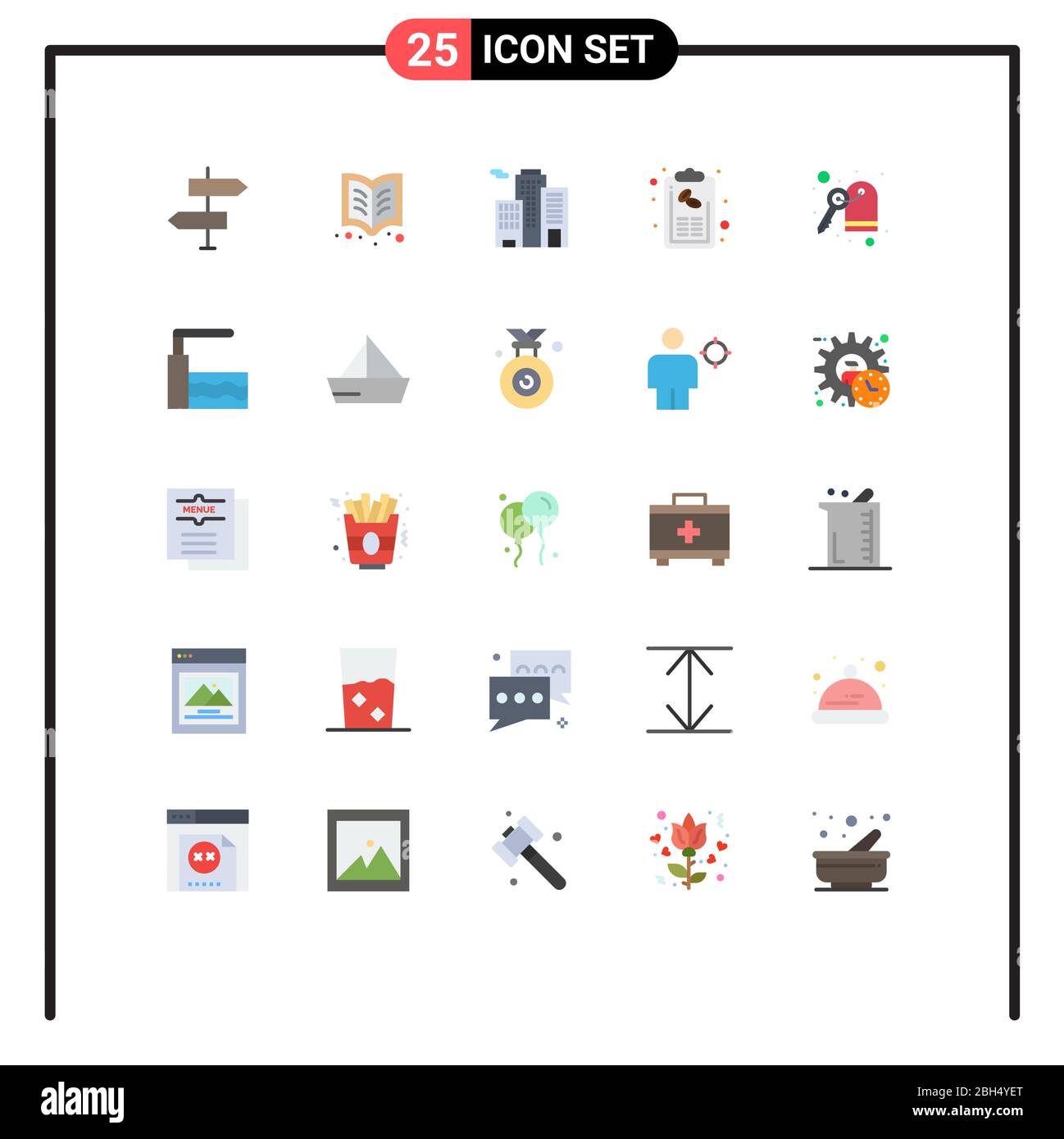 Flat Color Pack of 25 Universal Symbols of hotel, list, reading, hand