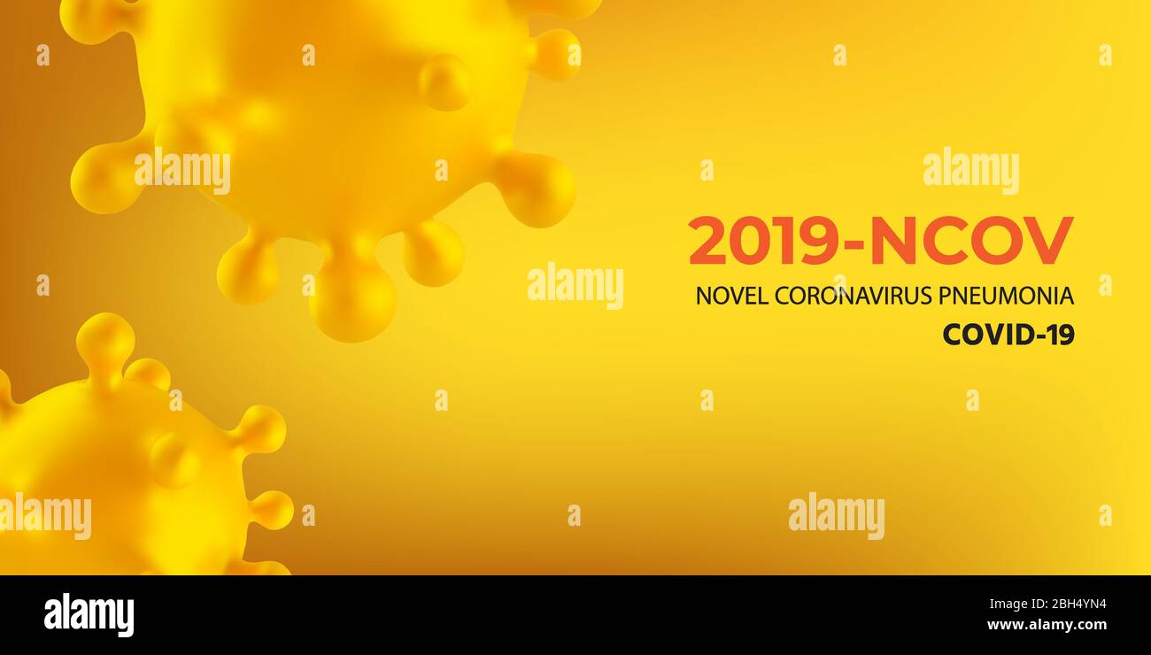 Novel Coronavirus 2019-nCoV. Virus Covid 19-NCP. Yellow Coronavirus Cell or SARS CoV 2 Virus. Background with Yellow Realistic 3D Virus Cells. Horizontal Banner, Poster, Header Website Simple Vector Stock Vector