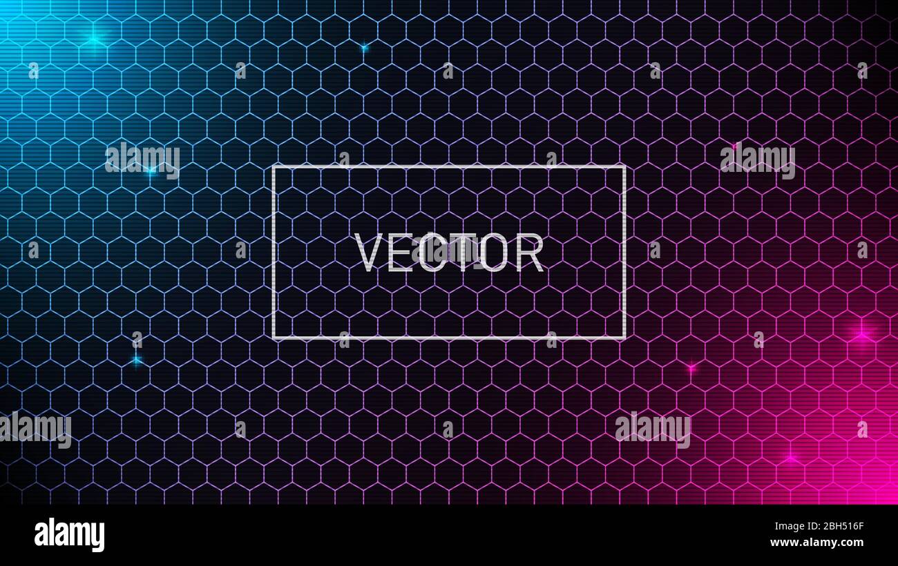 Hexagonal grid background with pink and blue glows. Geometric pattern. VHS effect. Design for banner. Eps 10 Stock Vector