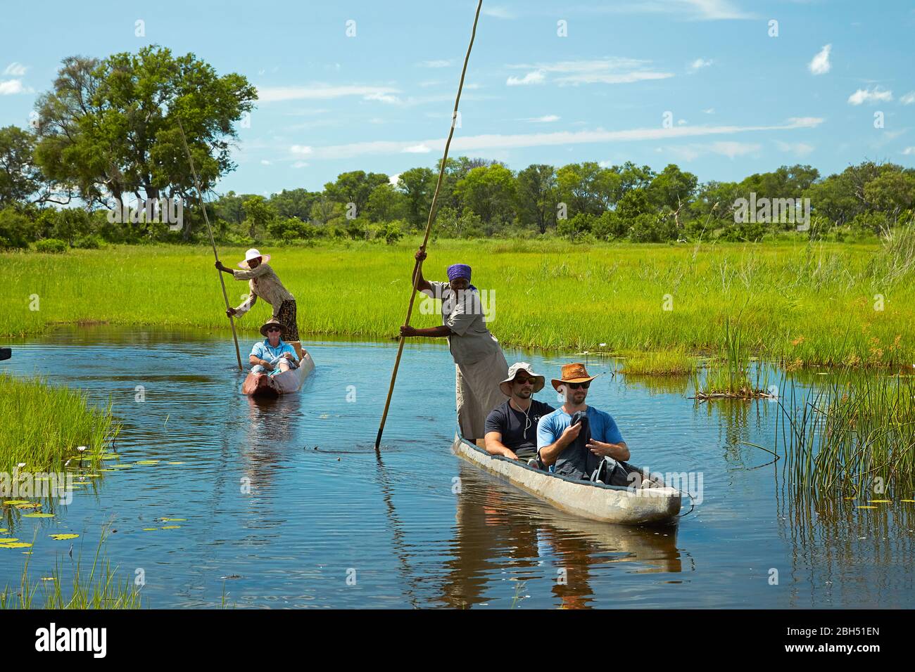 Tourists being poled in mokoros (dugout canoes), Okavango Delta, Botswana, Africa Stock Photo