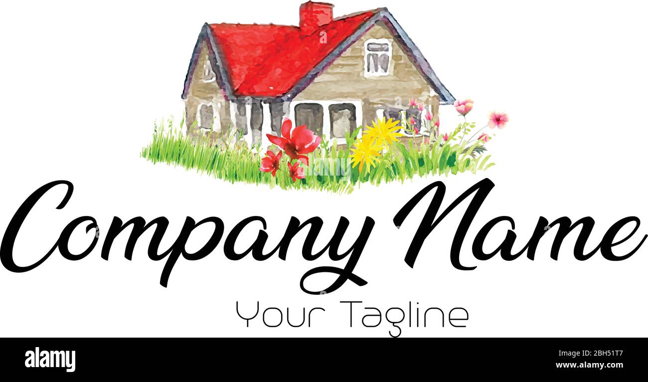 Watercolor house logo with flowers around it, real estate logo Stock Vector
