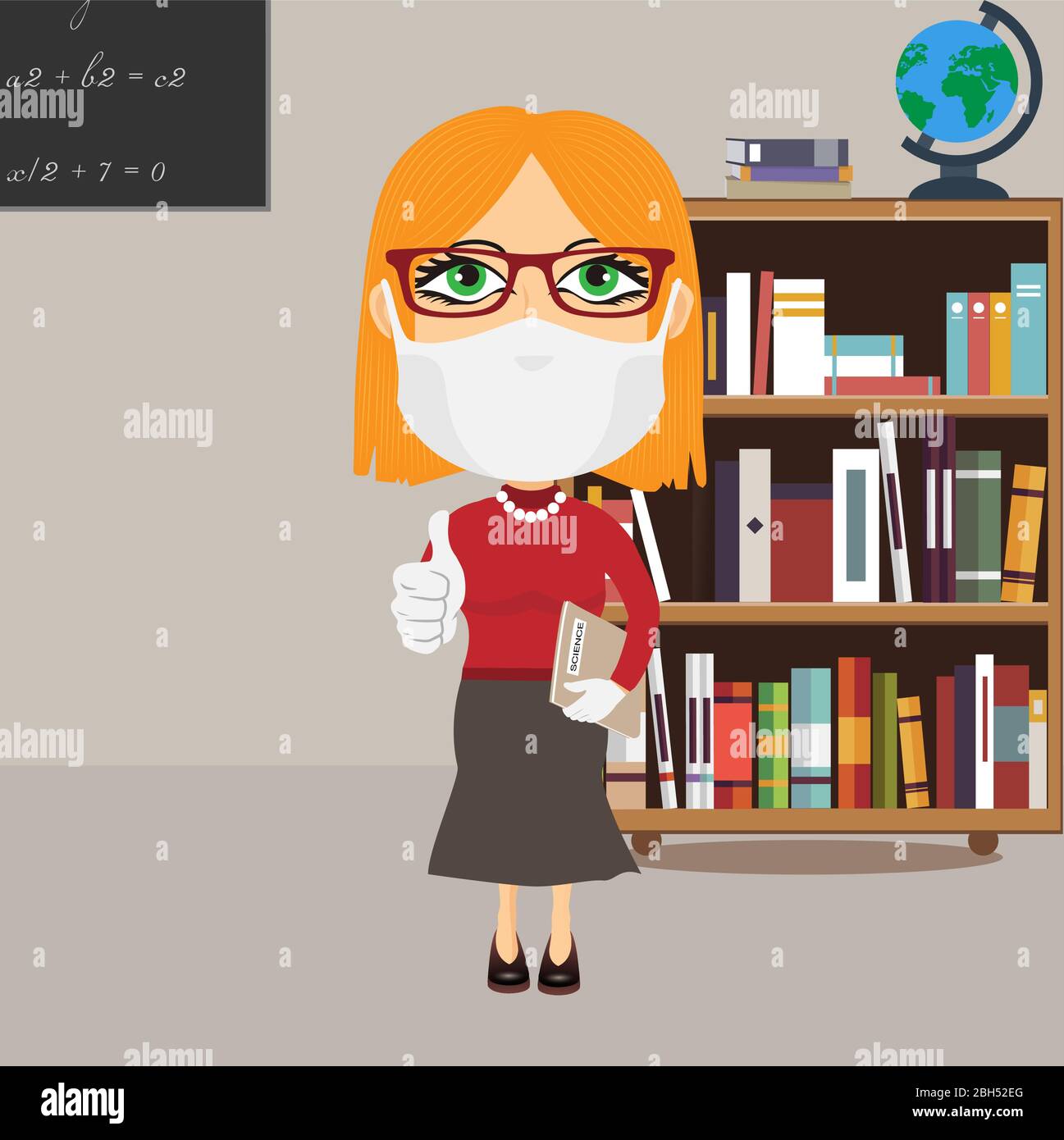 Caucasian Old school female professor with mask and white gloves thumbs up grey science book grey skirt red jumper glasses in library. She also wears Stock Vector