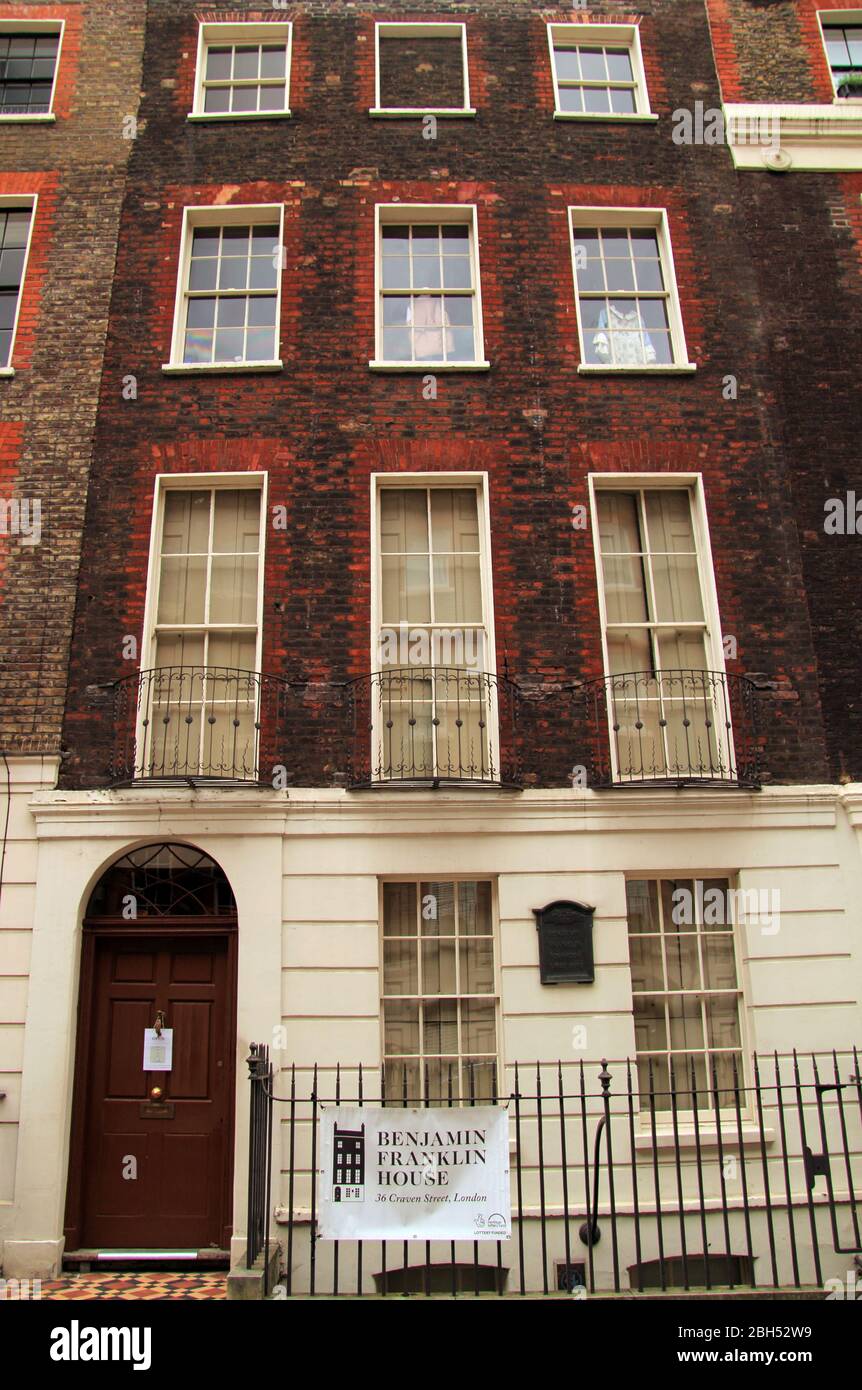 Located on 36 Craven Street, the home of Benjamin Franklin is the only surviving home of this famous American Founding Father March 14, 2020 in London Stock Photo