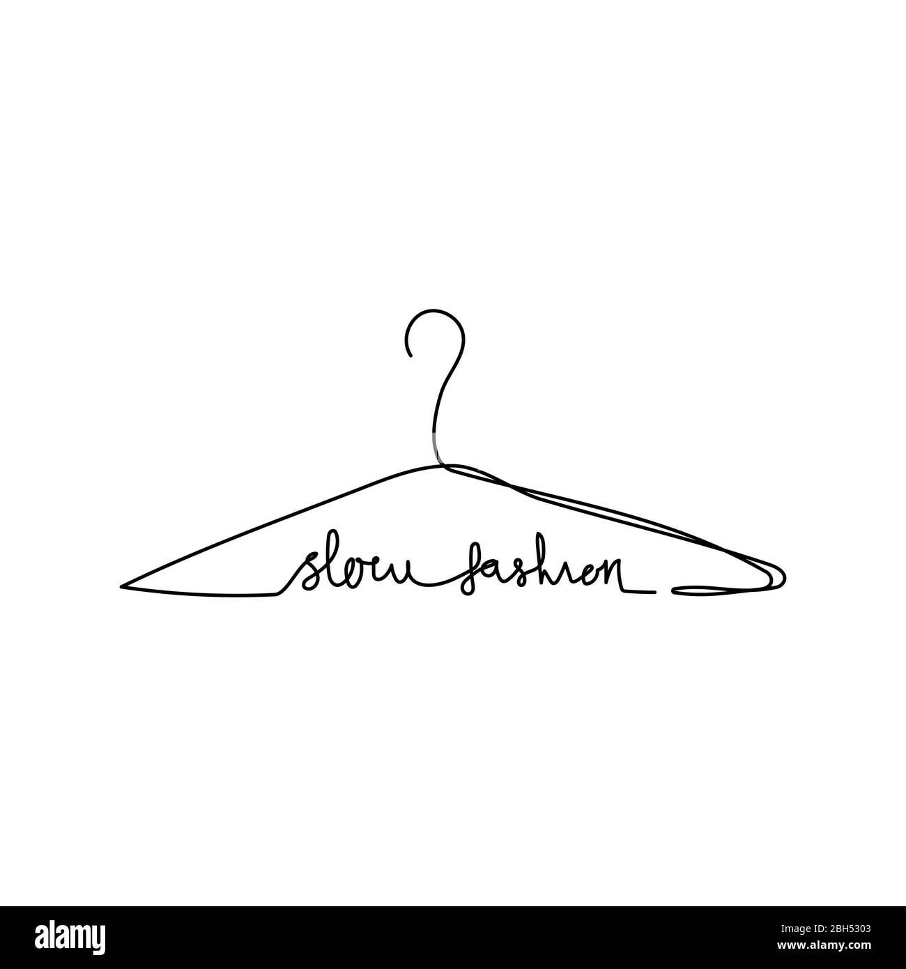 Continuous one line hanger with slow fashion inscription. Design for posters, T-shirts, banners. Vector illustration. Stock Vector