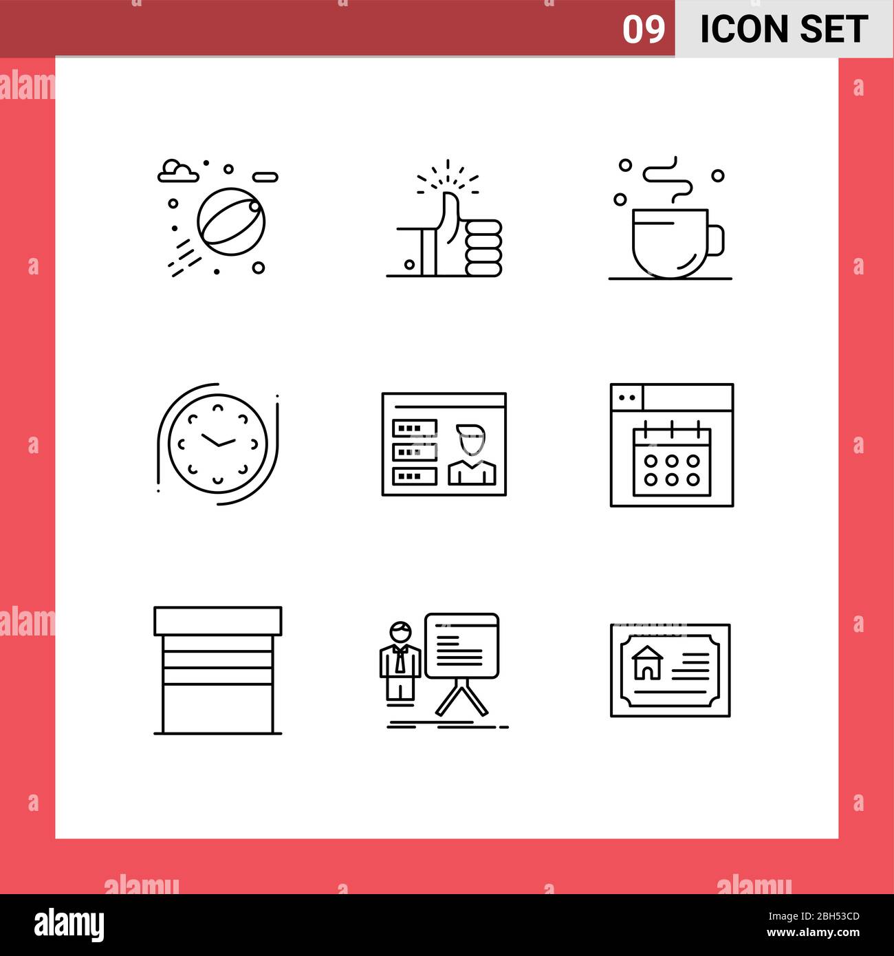Mobile Interface Outline Set of 9 Pictograms of user, account, break, watch, clock Editable Vector Design Elements Stock Vector
