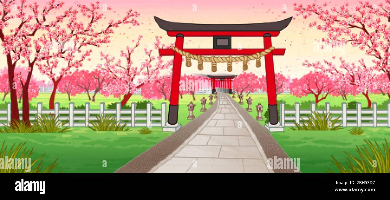 Japan ukiyo-e style cherry blossom garden with traditional Japanese shrine gate, torii Stock Vector
