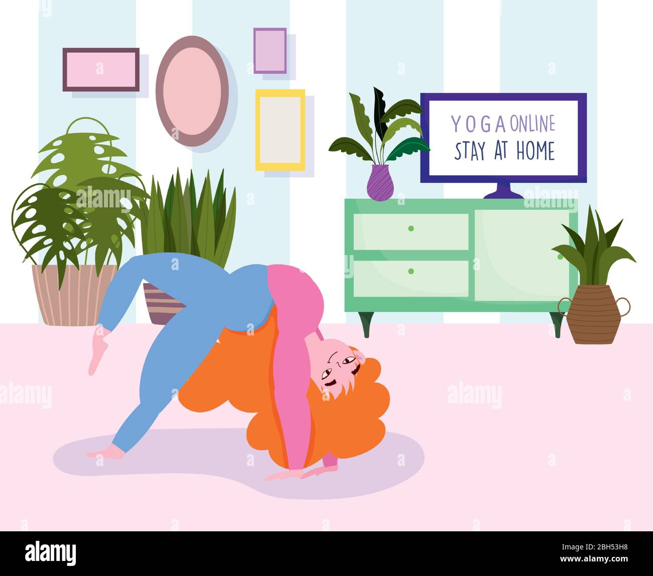 online yoga, stay at home, young woman practicing yoga in room vector illustration Stock Vector