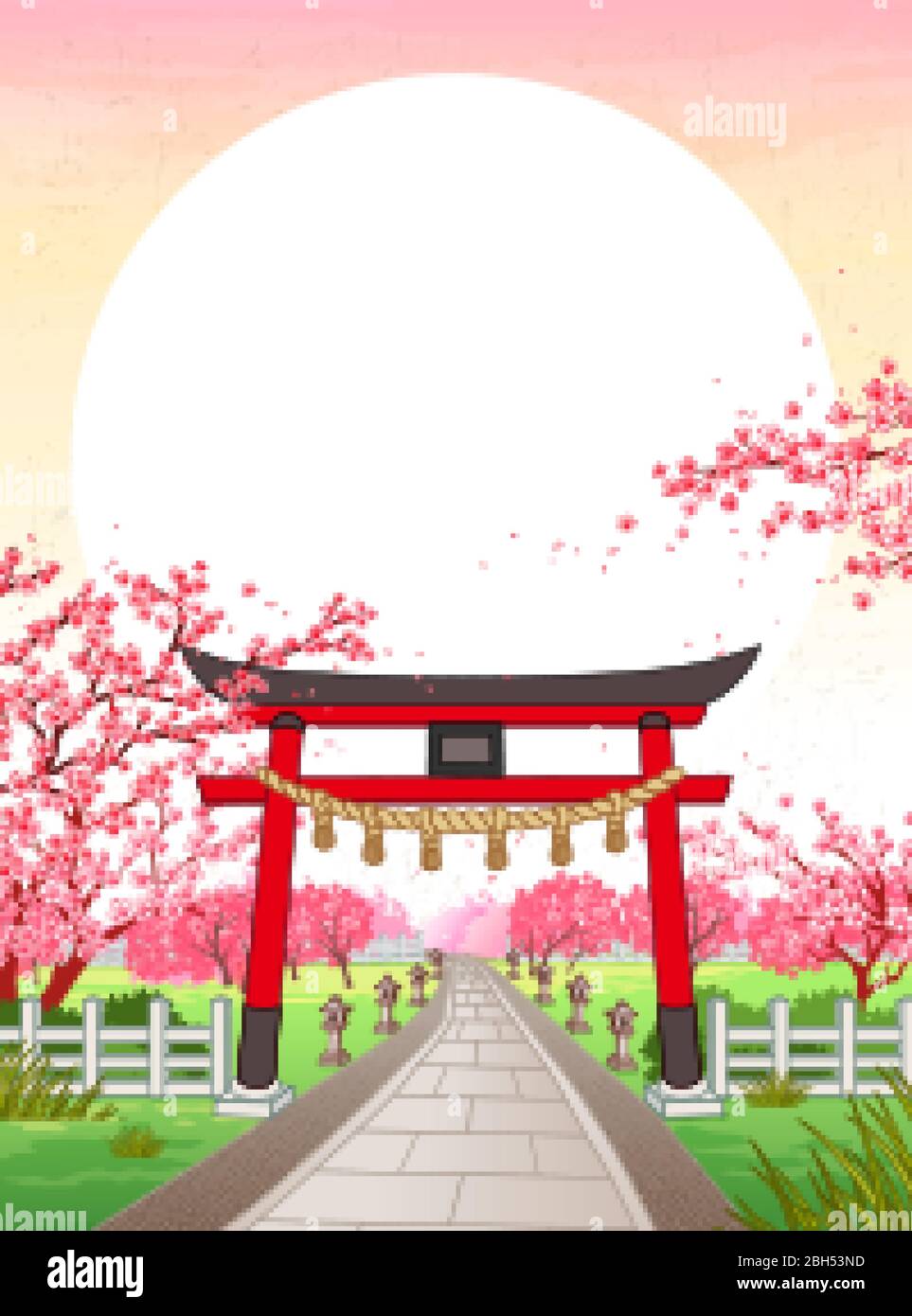 Japan ukiyo-e style cherry blossom garden with traditional Japanese shrine gate guarding the entrance and large sun hanging above as copy space Stock Vector