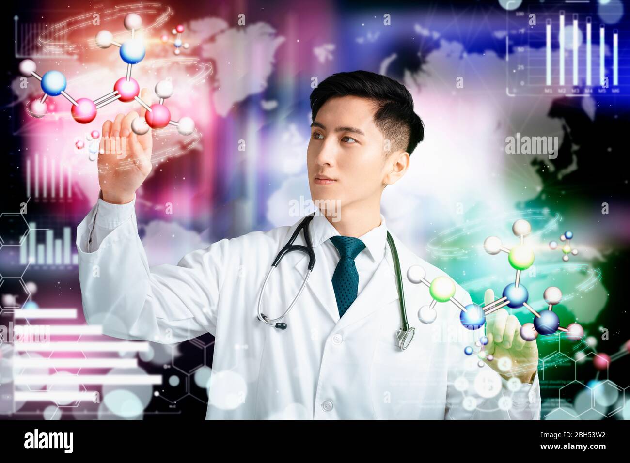 Doctor in futuristic medical concept pressing button Stock Photo