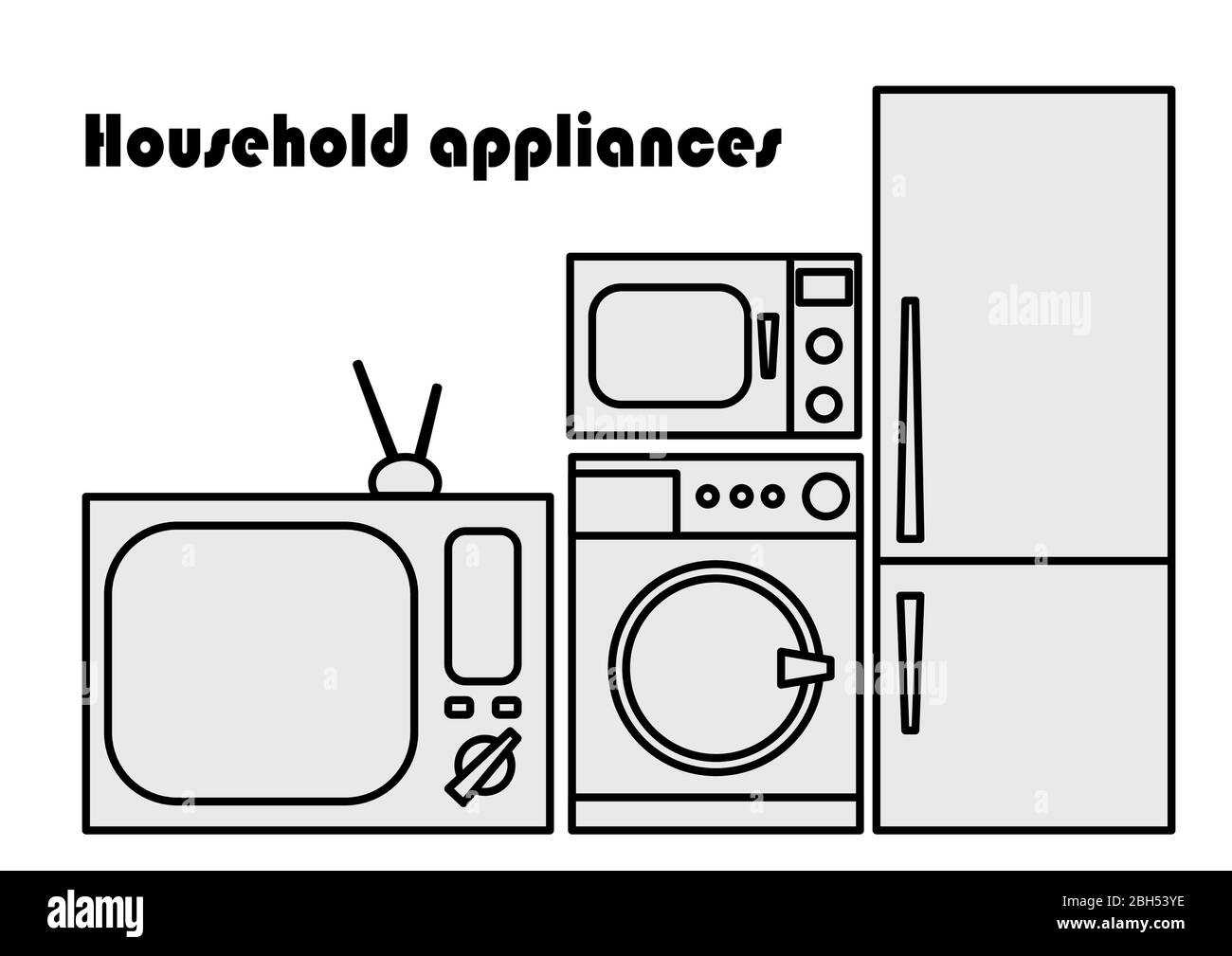 Template for text with household appliances. Household appliances. Fridge. Washer. Microwave. TV with antenna. Place for text. Repair of household app Stock Vector