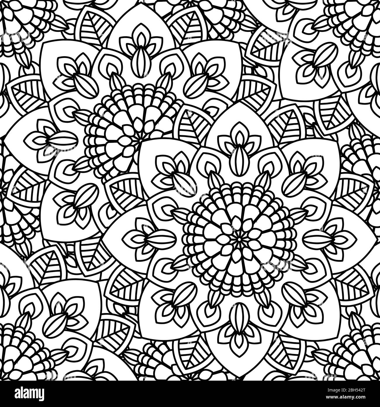 Mandala ethnic seamless pattern. Adult coloring page. Black and white repeat pattern background. Vector illustration. Stock Vector