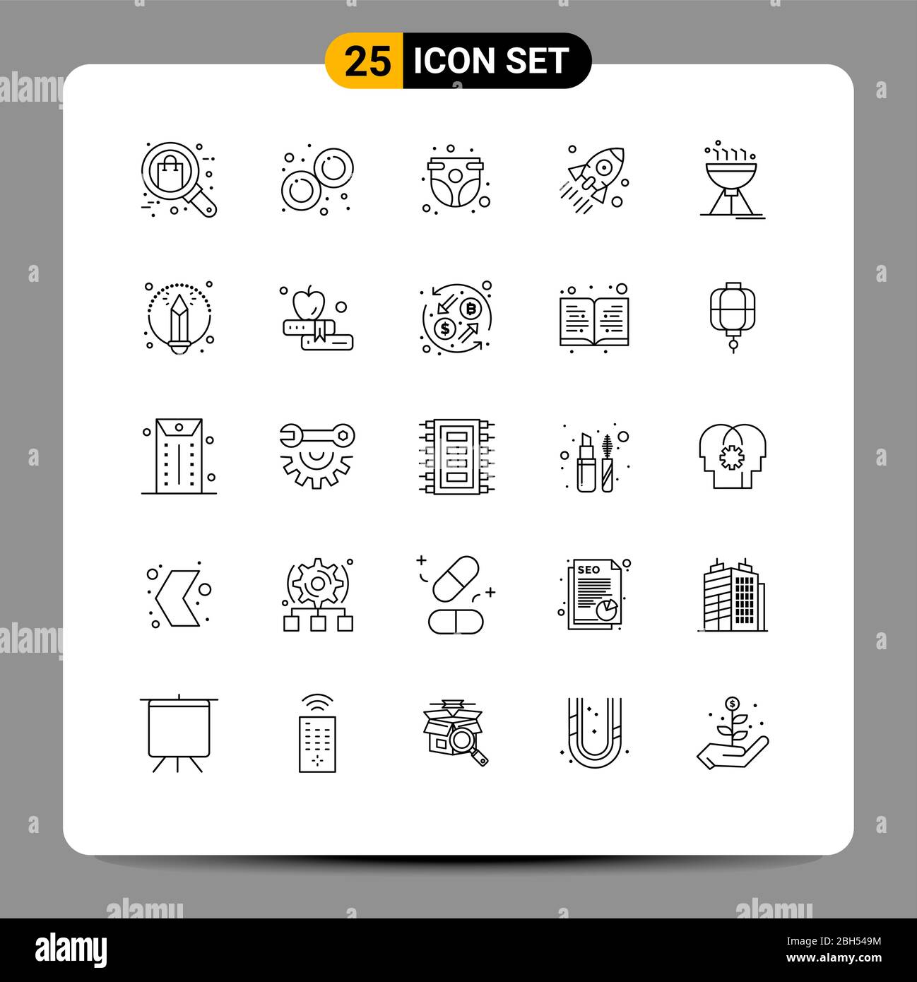 Mobile Interface Line Set of 25 Pictograms of startup, rocket, mitosis, launch, childhood Editable Vector Design Elements Stock Vector