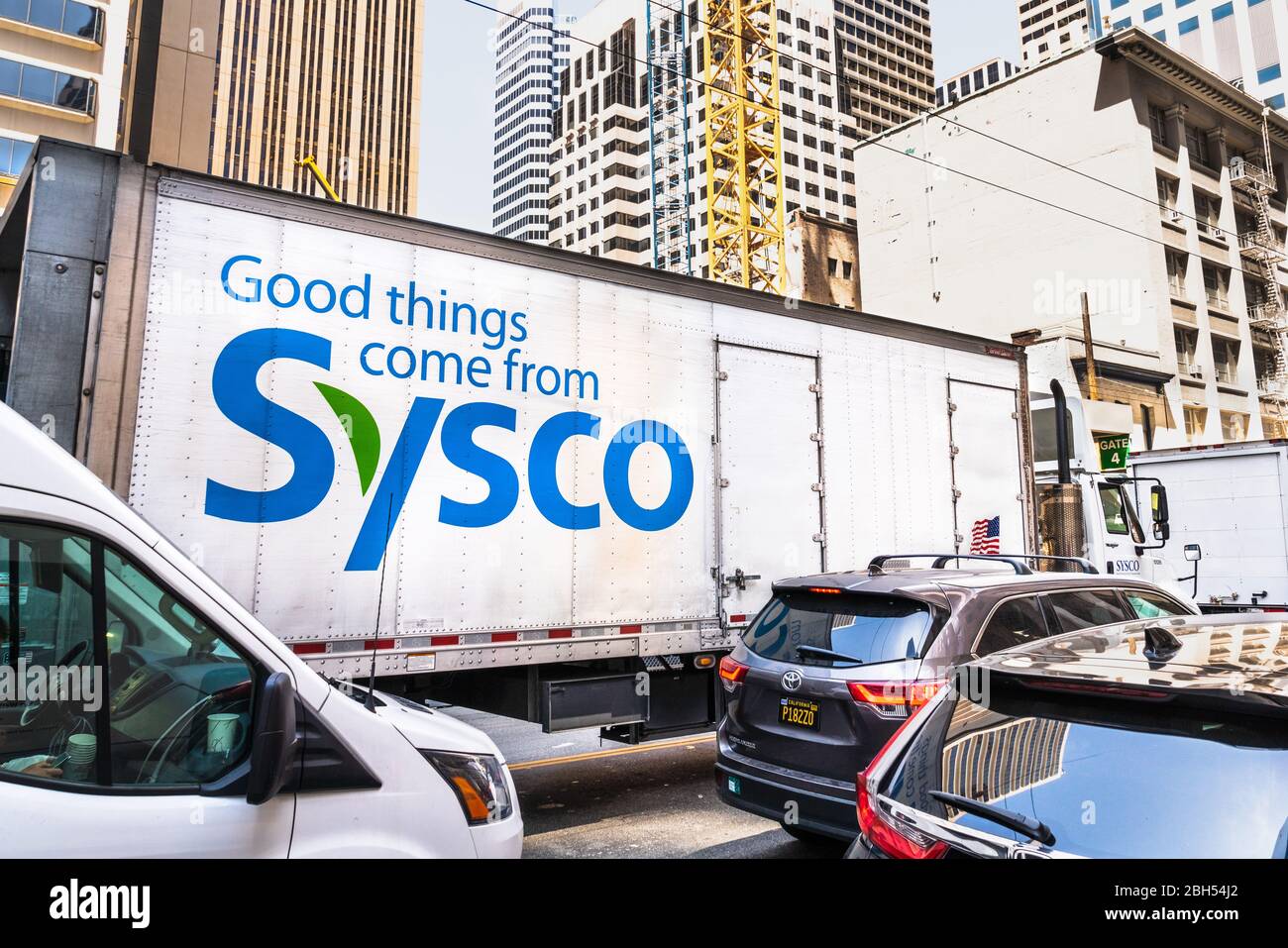 Aug 21, 2019 San Francisco / CA / USA - Sysco truck driving on a street; Sysco Corporation is an American multinational distributor of food and relate Stock Photo