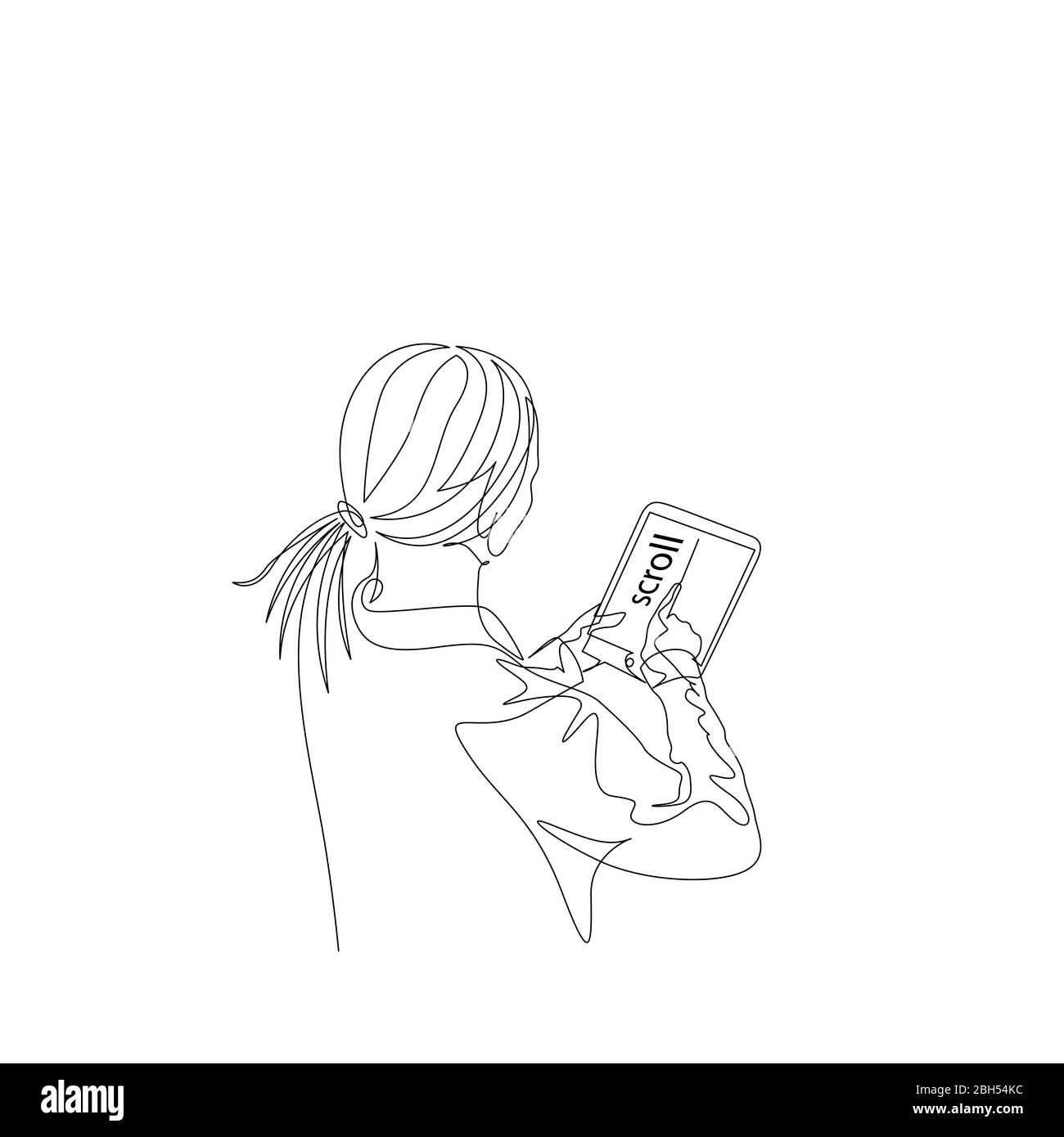 Continuous one line woman scrolls news feed on a tablet. Vector stock illustration. Stock Vector
