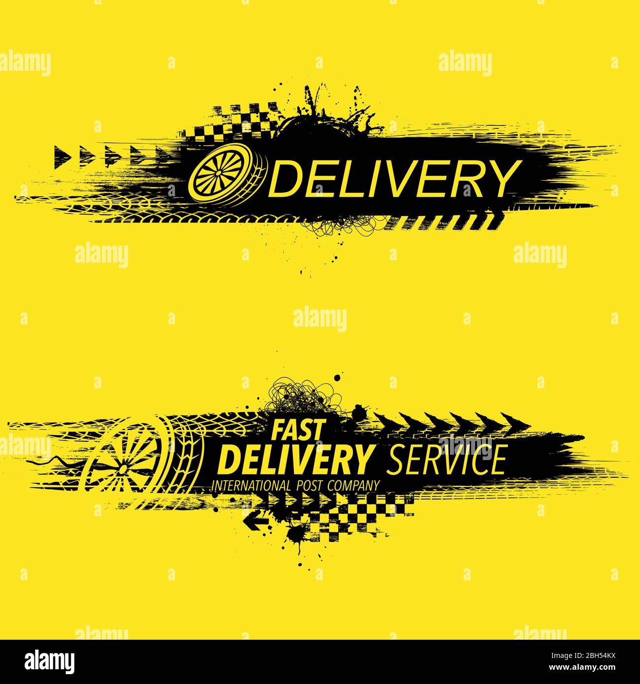 Grunge yellow delivery tire track banners Stock Vector