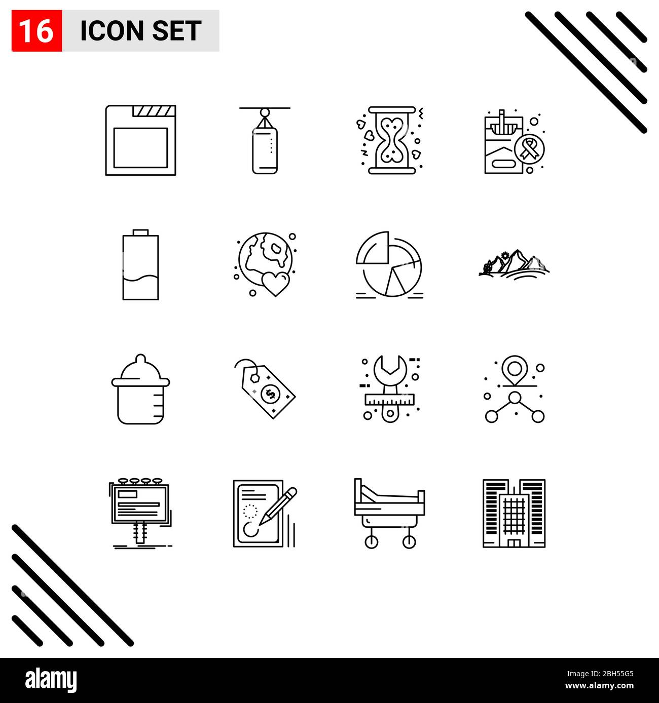 16 Thematic Vector Outlines and Editable Symbols of electricity, battery, donation, smoking, health Editable Vector Design Elements Stock Vector