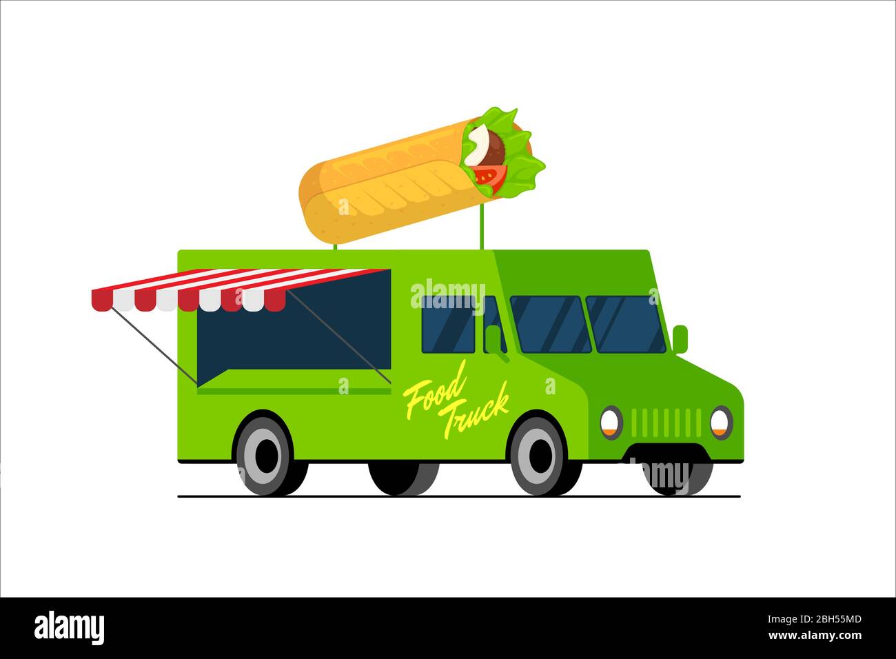 Fast food green truck. Doner kebab on van roof. Shawarma car delivery service or festival on street wheels vector flat isolated eps illustration Stock Vector
