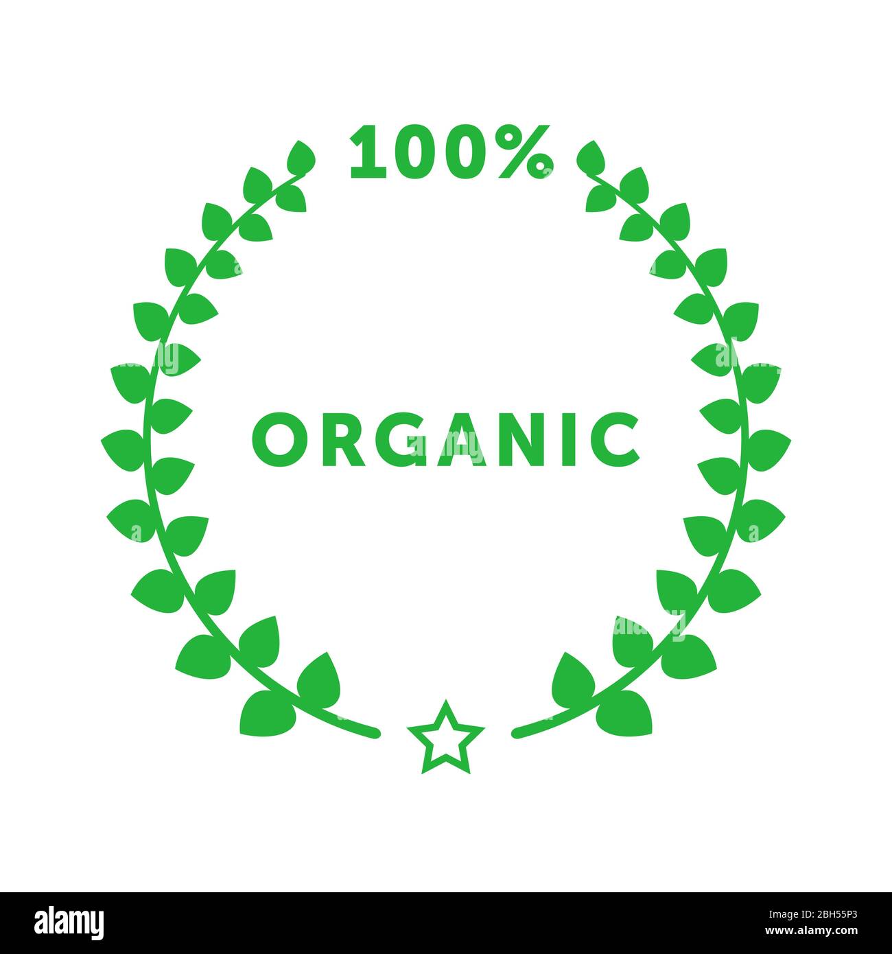 Organic 100 percent circle badge with branch with leaves. Design element for packaging design and promotional material. Vector illustration. Stock Vector