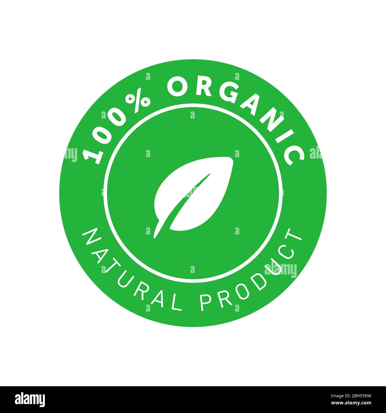 100 percent organic natural product green circle badge with leaf in center. Design element for packaging design and promotional material. Vector Stock Vector