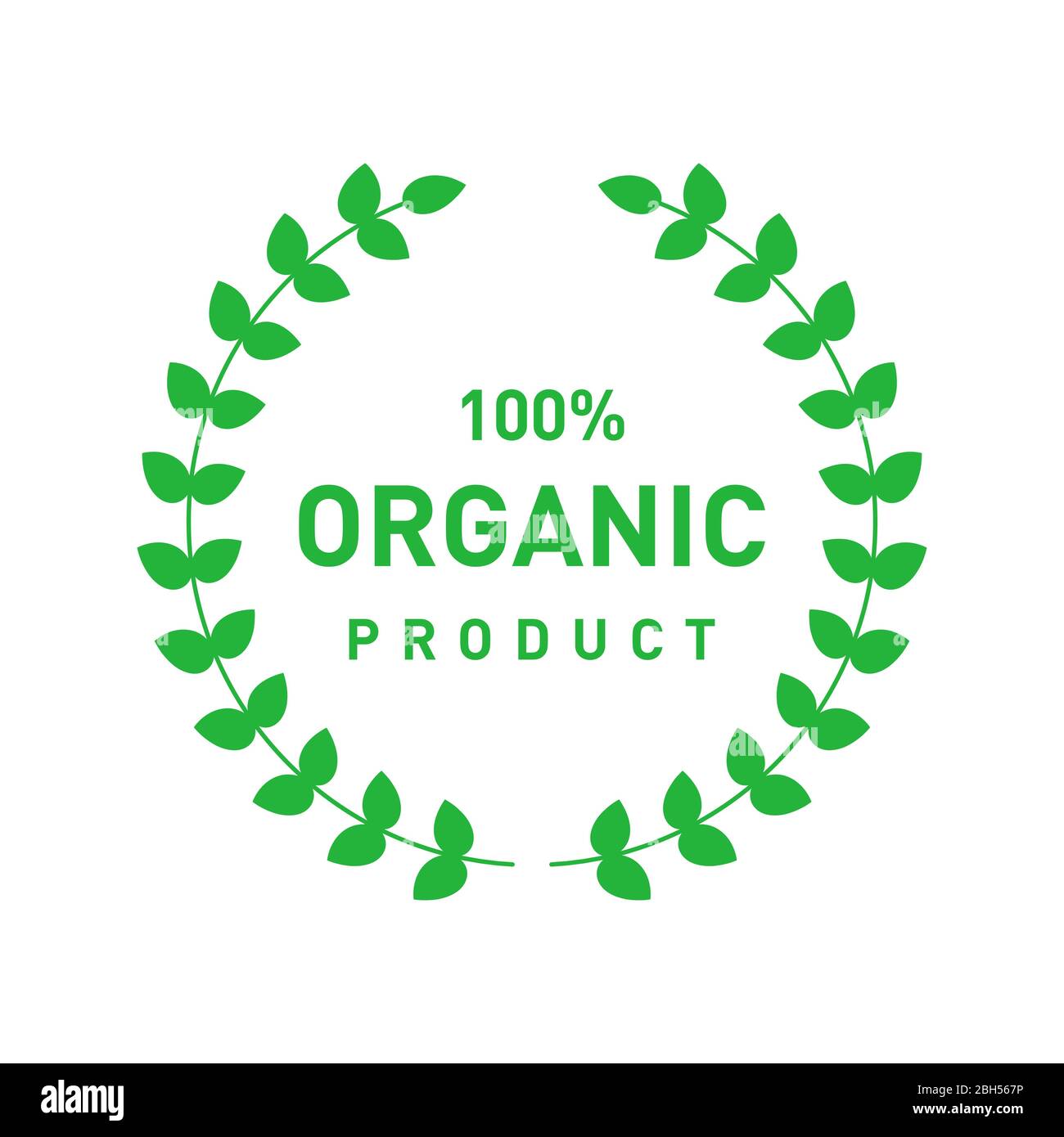 Organic 100 percent product circle badge with branch with leaves. Design element for packaging design and promotional material. Vector illustration. Stock Vector