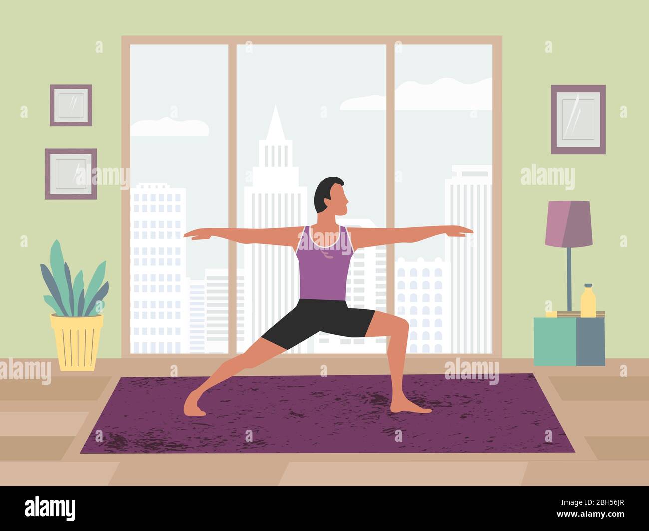 Man exercising yoga at home flat color vector. Stay at home yoga meditation practice cartoon. Breathing exercise workout background. Healthy lifestyle Stock Vector