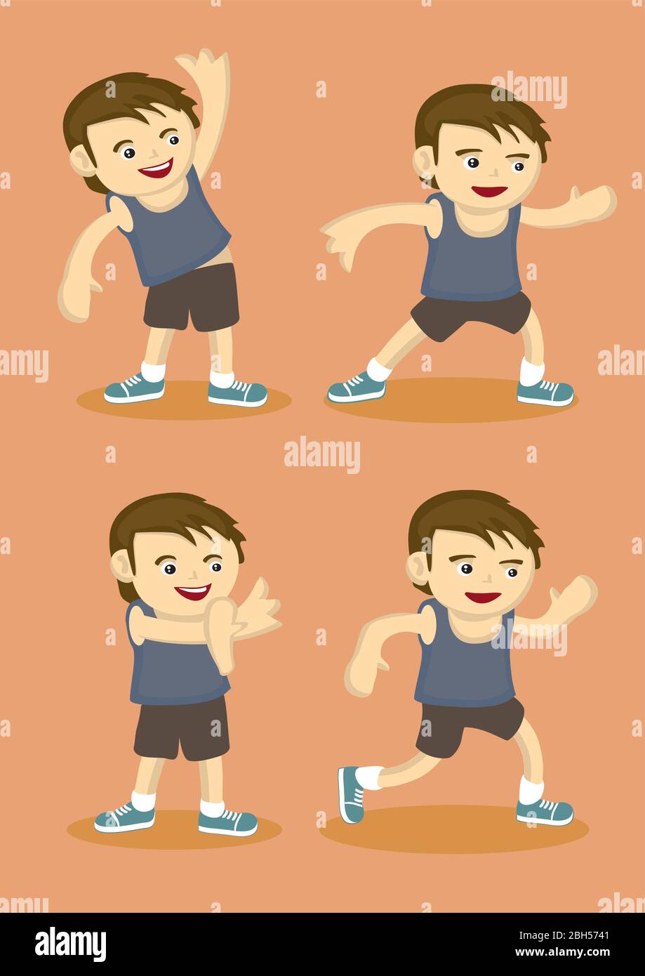 Vector illustration of a young boy in sports attire doing simple warm-up stretching exercises isolated on orange background Stock Vector
