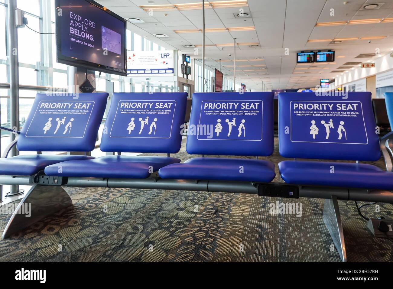 priority seat or seating in a row at an airport with no people  in Cape Town, South Africa Stock Photo