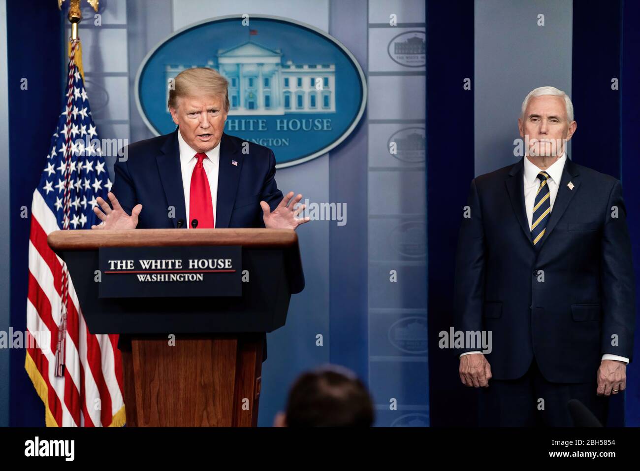 White House Coronavirus Update Briefing President Donald J. Trump, joined by Vice President Mike Pence, addresses his remarks at a coronavirus update briefing Wednesday, April 22, 2020, in the James S. Brady White House Press Briefing Room of the White House. Stock Photo