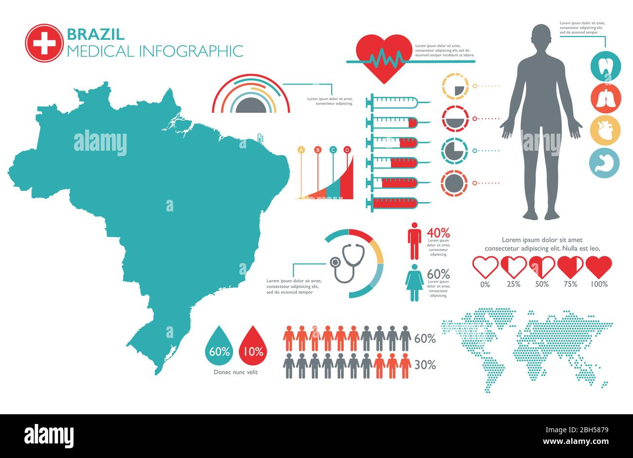 Brazil medical healthcare infographic template with map and multiple