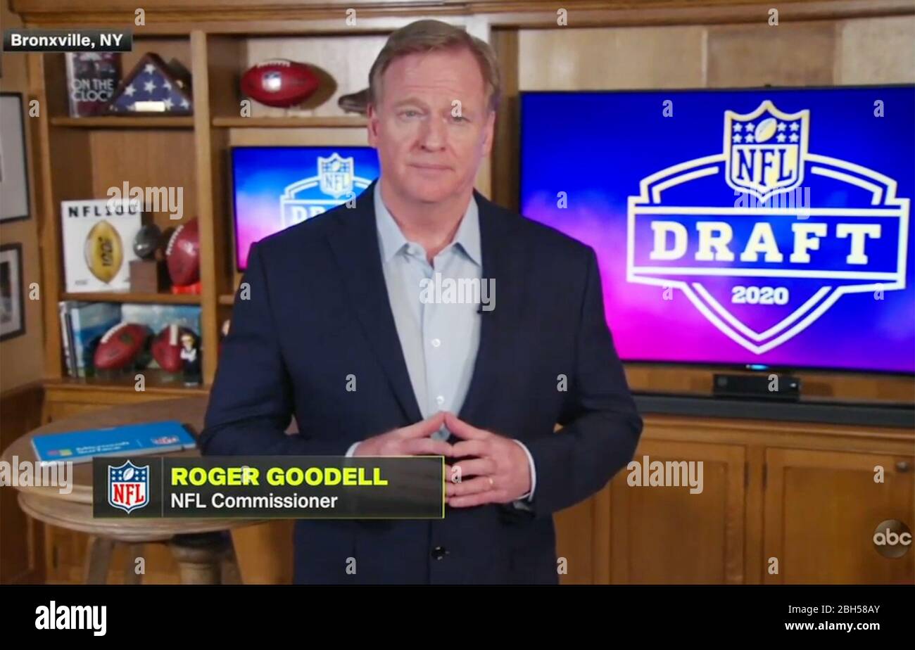 A screen grab of NFL commissioner Roger Goodell speaking from his home in Bronxville, New York on a live broadcast is shown on Thursday, April 23, 2020