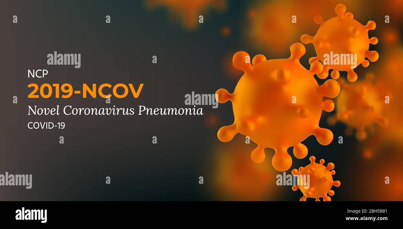 Virus Covid 19-NCP. Severe Acute Respiratory Syndrome Coronavirus 2 SARS-CoV-2. Background with Realistic 3D Orange Viruses Cells. SARS-CoV2. Vector illustration. Stock Vector