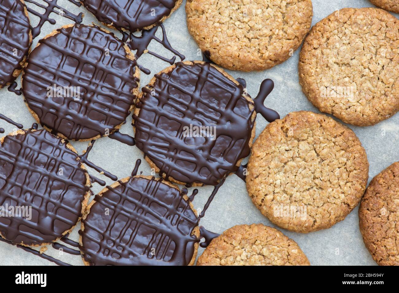 Homemade dark chocolate covered hobnob biscuits on a wire rack Stock