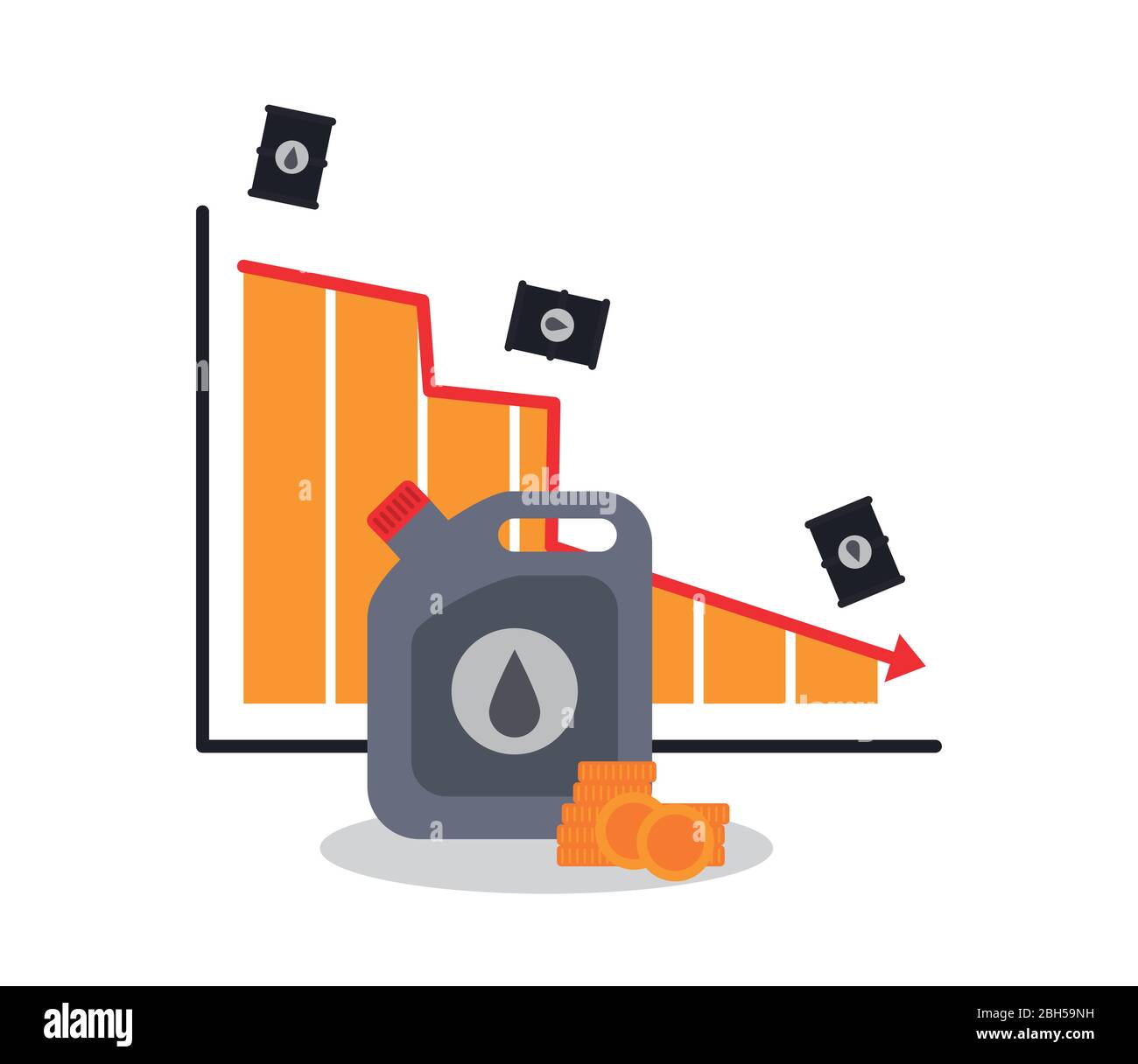descending financial graphic chart and oil galloon icon over white ...
