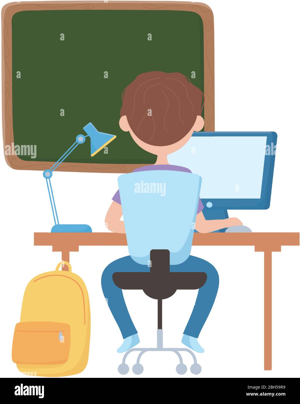 School boy with desk lamp board bag and computer design, Eduaction ...