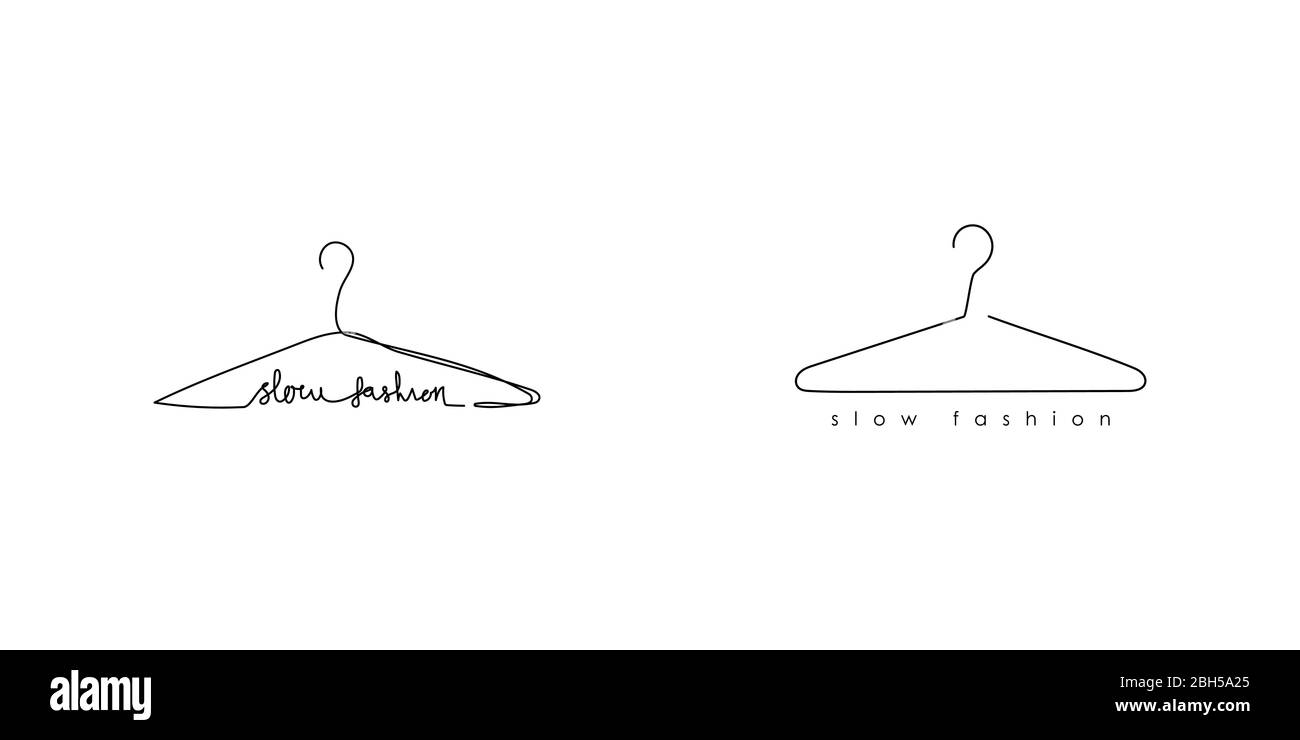 Set of continuous one line hanger and minimalistic line hanger with inscription slow fashion. Design for posters, T-shirts, banners. Vector Stock Vector