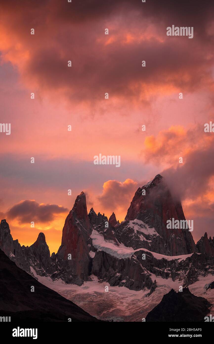 sunset in Mount Fitz Roy in Patagonia Argentina Stock Photo