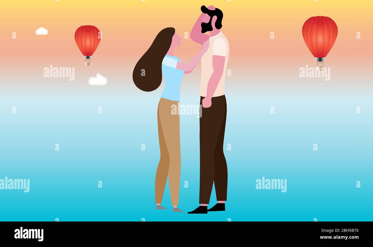 couple loving each other in flying hot air balloon view Stock Vector