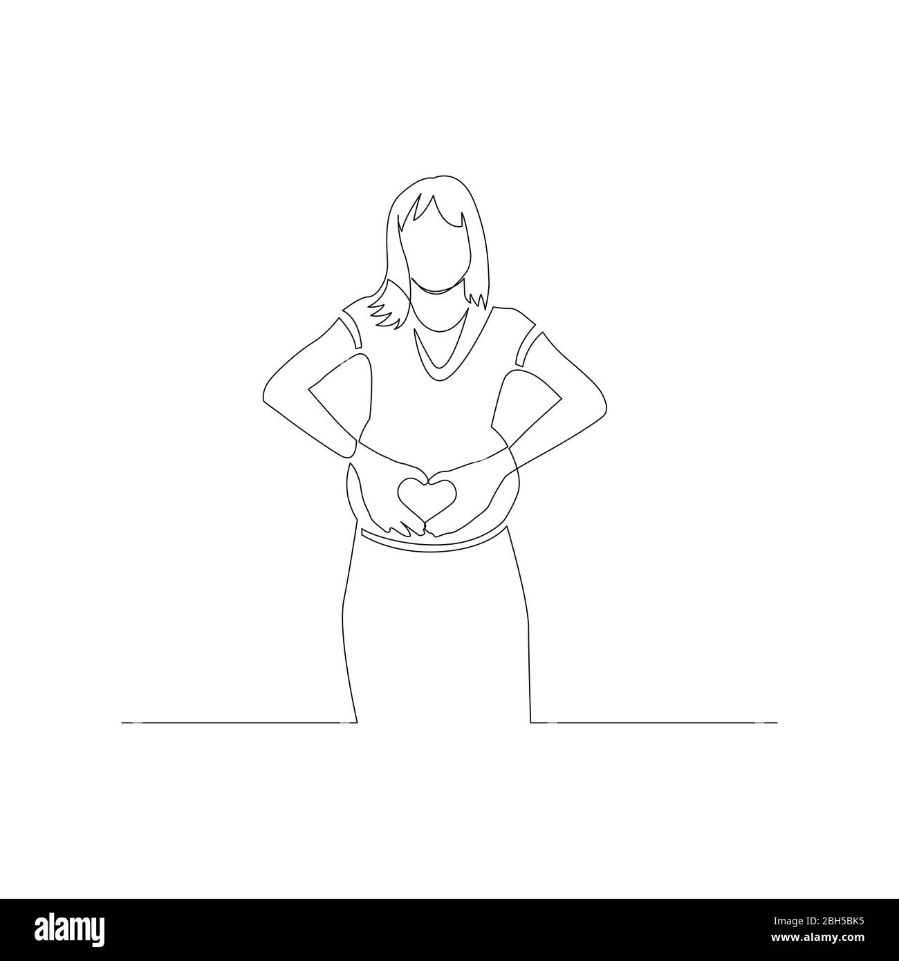 Continuous one line pregnant woman show a heart sign with her hands on her stomach. Vector illustration. Stock Vector