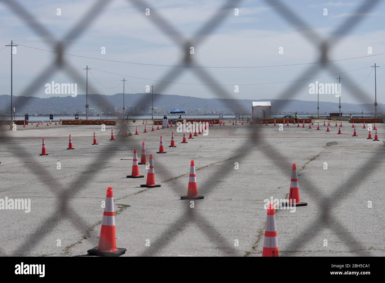San Francisco, United States. 23rd Apr, 2020. Cones are set up for autos to line up for coronabvirus testing at a site on the Embarcadero tn San Francisco on Thursday, April 23, 2020. San Francisco has set up drive through coronavirus testing by appointment. Photo by Terry Schmitt/UPI Credit: UPI/Alamy Live News Stock Photo