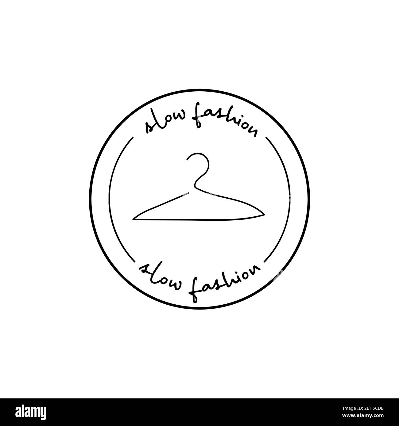 Minimalistic badge with hanger and handdrawn inscription slow fashion. Design element for packaging design and promotional material. Vector Stock Vector