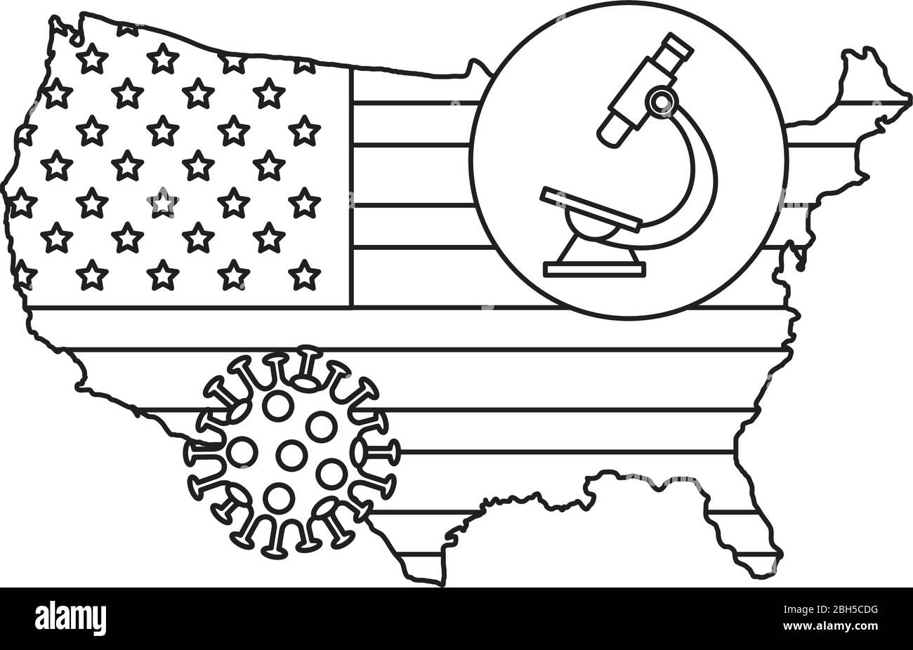 map of usa with microscope and particle covid 19 Stock Vector