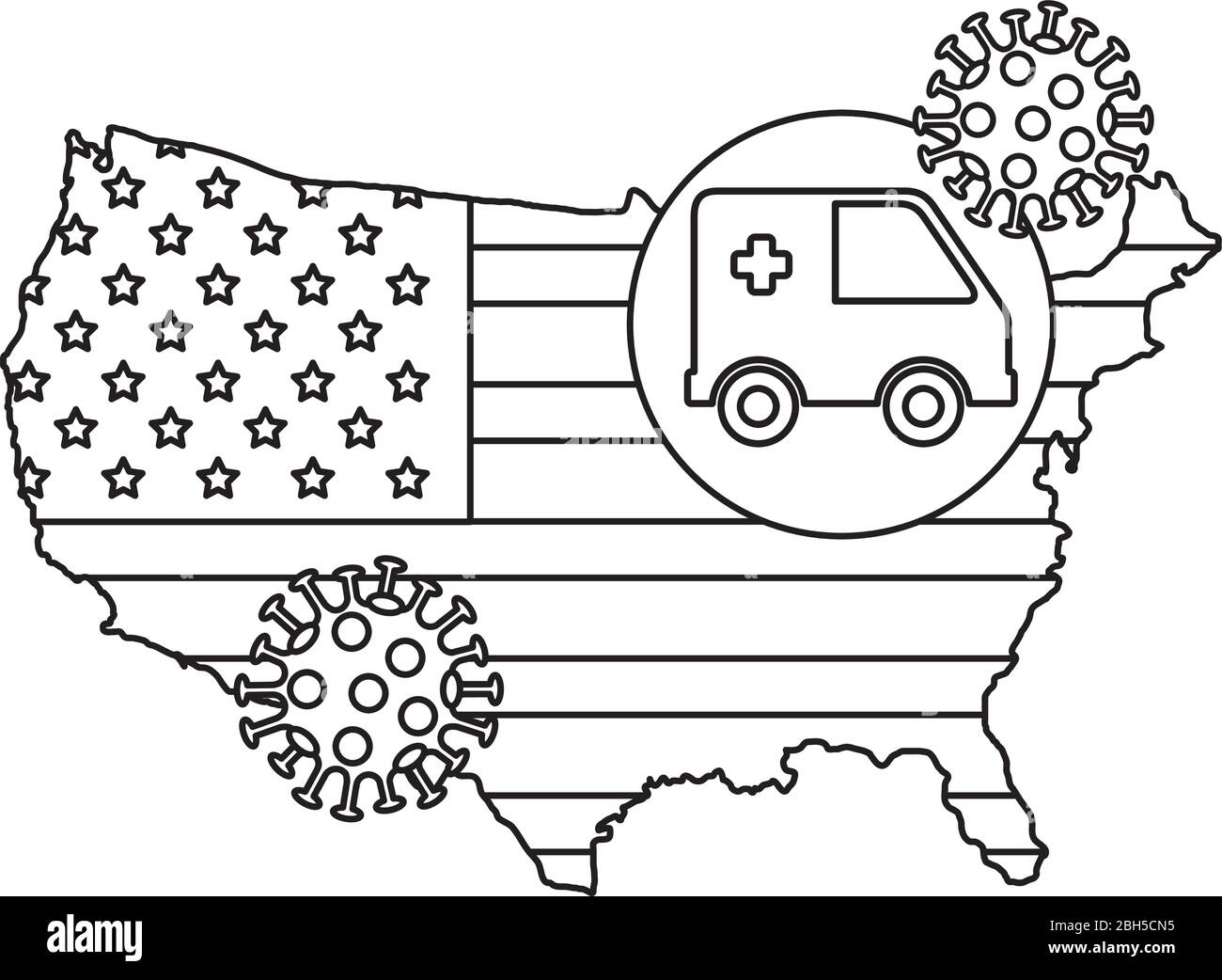 map of usa with ambulance and particles covid 19 Stock Vector