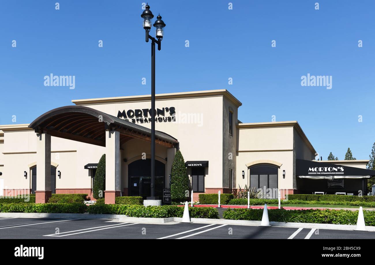 SANTA ANA, CALIFORNIA - 23 APRIL 2020: Mortons The Steakhouse in South Coast Village, is an upscale fine dining restaurant. Stock Photo