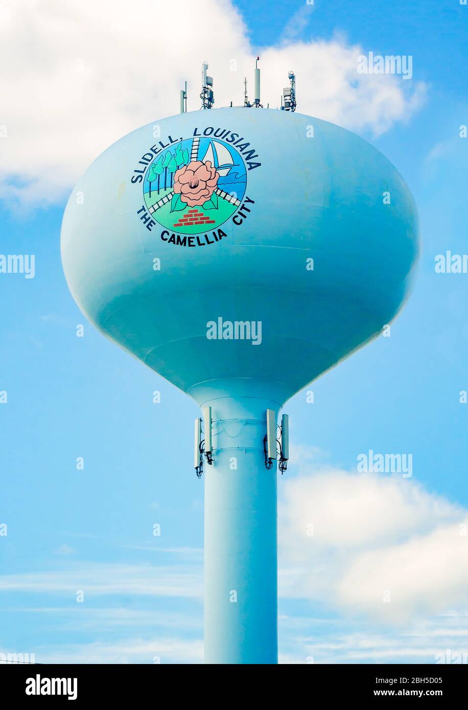 The Slidell water tower features a camellia and proclaims the area as “The Camellia City,” April 20, 2020, in Slidell, Louisiana. Stock Photo